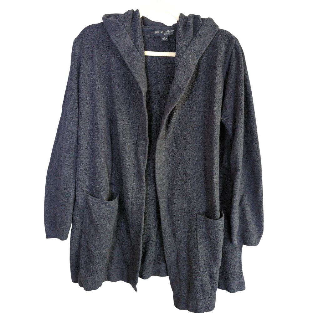 Barefoot Dreams Sweater Womens M Blue Cozychic Lite Open Cardigan Pockets Hood